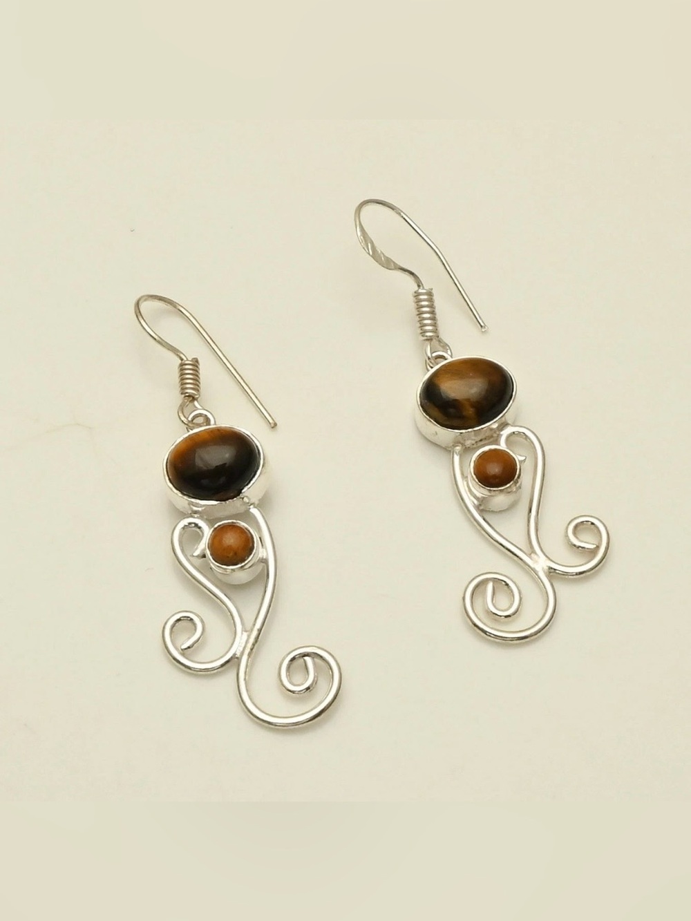 Hand Crafted Silver Swirl Earrings with Brown and Dark Brown Tiger Eye